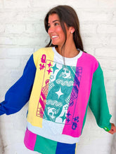 Load image into Gallery viewer, Queen Of Sparkles Multi Colorblock Stripe QOS Card Logo Sweatshirt