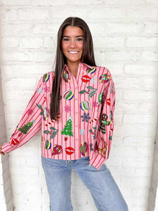 Queen Of Sparkles Light Pink & Red Stripe Christmas Icon Button Up Top