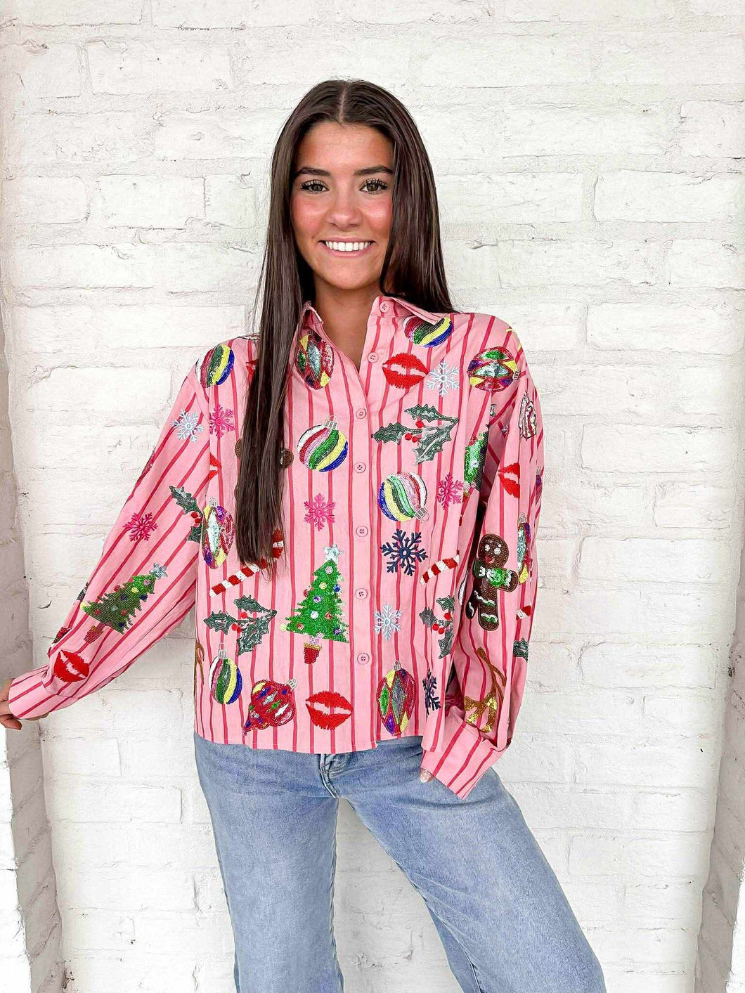 Queen Of Sparkles Light Pink & Red Stripe Christmas Icon Button Up Top