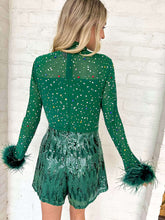 Load image into Gallery viewer, Queen Of Sparkles Green Feather Multi Rhinestone Sequin Romper