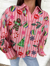 Load image into Gallery viewer, Queen Of Sparkles Light Pink &amp; Red Stripe Christmas Icon Button Up Top