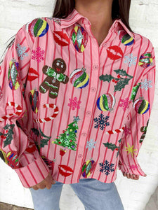 Queen Of Sparkles Light Pink & Red Stripe Christmas Icon Button Up Top
