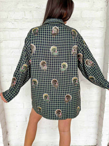 Queen Of Sparkles Navy Plaid Scattered Turkey Button Up Dress