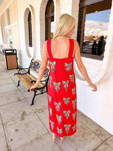 Load image into Gallery viewer, Queen Of Sparkles Red Multi Beaded Bow Ornament Cotton Midi Dress