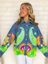 Load image into Gallery viewer, Queen Of Sparkles Denim &amp; Neon Paisley Print Button Up Long Sleeve