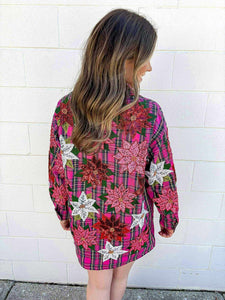 Queen Of Sparkles Pink Plaid Poinsettia Button Up Long Sleeve Dress