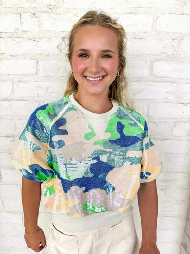 Queen Of Sparkles Beige, Blue & Green Camo Top