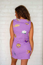 Load image into Gallery viewer, Queen Of Sparkles LSU Mini Icon Purple Gingham Collar Dress