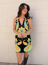 Load image into Gallery viewer, Queen Of Sparkles Black &amp; Neon Paisley Print V Neck Dress