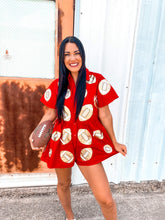 Load image into Gallery viewer, Queen Of Sparkles Red &amp; Gold Football Romper