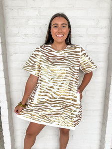 Queen Of Sparkles White With Gold Tiger Short Sleeve Denim Dress