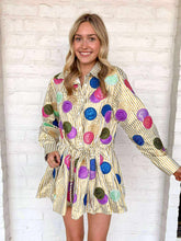 Load image into Gallery viewer, Queen Of Sparkles Gold &amp; White Stripe Doubloon Tie Cotton Dress