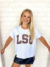 Load image into Gallery viewer, Queen Of Sparkles Grey LSU Multi Jewel Letter Tee