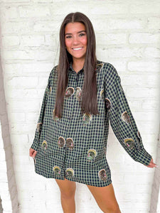 Queen Of Sparkles Navy Plaid Scattered Turkey Button Up Dress