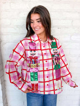 Load image into Gallery viewer, Queen Of Sparkles Pink &amp; Red Plaid Metallic Nutcracker Cotton Button Up Top