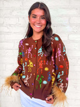 Load image into Gallery viewer, Queen Of Sparkles Brown Multi Skeleton Feather Cardigan