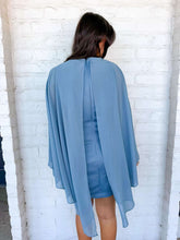 Load image into Gallery viewer, Wrap Me Up Blue Cape Satin Dress