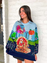 Load image into Gallery viewer, Queen Of Sparkles Multi Thanksgiving Parade Blue Sweater