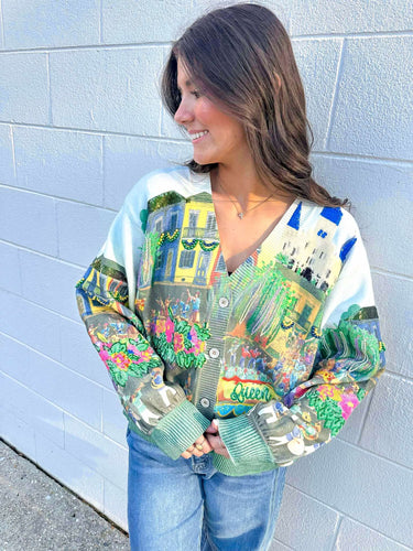 Queen Of Sparkles Mardi Gras Parade Scene Cardigan