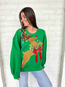 Queen Of Sparkles Green Rhinestone Rudolph Wreath Sweatshirt