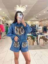 Load image into Gallery viewer, Queen Of Sparkles Denim Cotton Ruffle Tiger Patch Button Up Top
