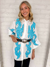 Load image into Gallery viewer, Queen Of Sparkles White &amp; Jeweled Turquoise Button Up Tunic