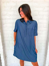 Load image into Gallery viewer, Brunch Date Dark Denim Shirt Dress