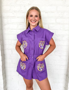 Queen Of Sparkles Purple & Gold LSU Tiger Head Button Up Romper