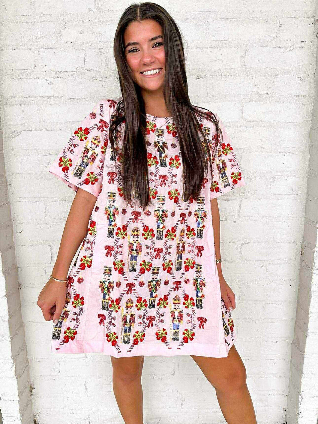 Queen Of Sparkles Light Pink Cotton Nutcracker & Candy Cane Dress