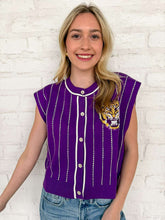 Load image into Gallery viewer, Queen Of Sparkles Purple LSU Striped Mascot Button Down Vest