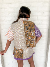 Load image into Gallery viewer, Queen Of Sparkles Purple, Yellow, &amp; Tiger Colorblock Sequin Pocket Top