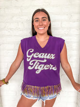 Load image into Gallery viewer, Queen Of Sparkles LSU Geaux Tigers Feather Bottom Tank Sweater