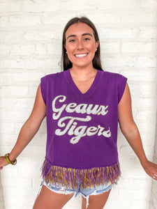 Queen Of Sparkles LSU Geaux Tigers Feather Bottom Tank Sweater