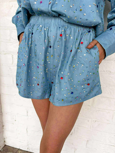 Queen Of Sparkles Chambray Multi Rhinestone Shorts