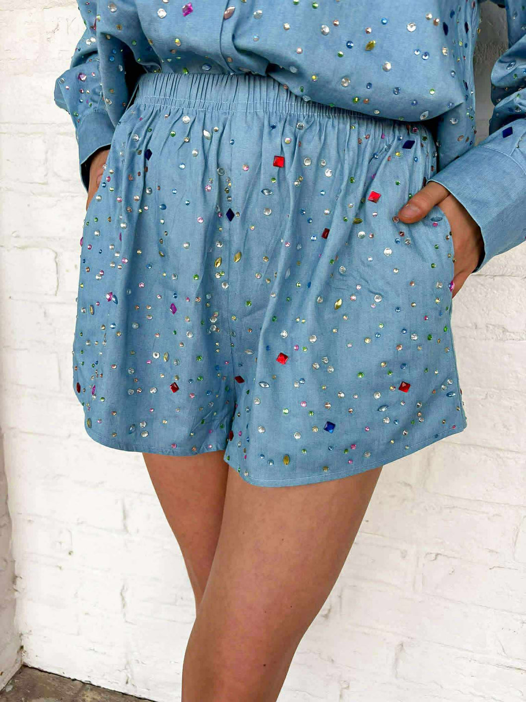Queen Of Sparkles Chambray Multi Rhinestone Shorts
