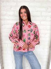 Load image into Gallery viewer, Queen Of Sparkles Light Pink &amp; Red Stripe Christmas Icon Button Up Top