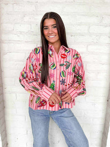 Queen Of Sparkles Light Pink & Red Stripe Christmas Icon Button Up Top