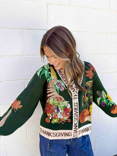 Queen Of Sparkles Dark Green Thanksgiving Button Cardigan
