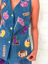 Load image into Gallery viewer, Queen Of Sparkles Licensed LSU Denim Icon Button Up Vest