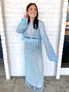 Queen Of Sparkles Light Blue Mesh
Fringe Coverup Top