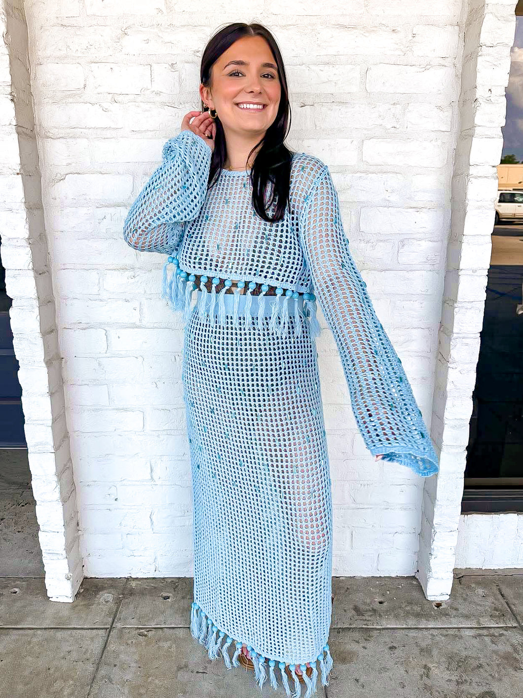 Queen Of Sparkles Light Blue Mesh
Fringe Coverup Top