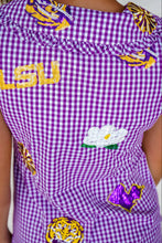 Load image into Gallery viewer, Queen Of Sparkles LSU Mini Icon Purple Gingham Collar Dress