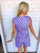 Load image into Gallery viewer, Hey Now Purple Polka Dot Romper