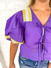 Load image into Gallery viewer, Queen Of Sparkles Licensed Purple LSU Cotton Tie Front Jersey Top