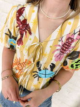 Load image into Gallery viewer, Queen Of Sparkles Yellow Stripe Crab &amp; Lobster Tie Top