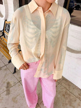 Load image into Gallery viewer, Queen Of Sparkles Beige Silk Rhinestone Skeleton Button Down Top