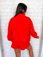 Load image into Gallery viewer, Queen Of Sparkles Red &amp; Light Blue Scattered Jewel Card Sweatshirt