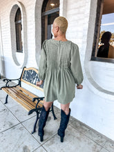 Load image into Gallery viewer, Stay Awhile Olive Pleated Long-Sleeve Romper