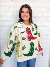Load image into Gallery viewer, Queen Of Sparkles Beige Multi Christmas Cowboy Boots Sweatshirt
