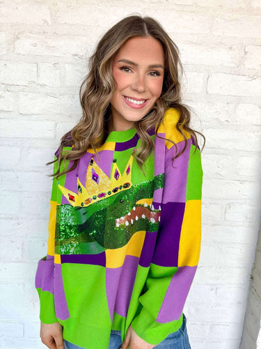 Queen Of Sparkles Mardi Gras Checkered Alligator Queen Sweater